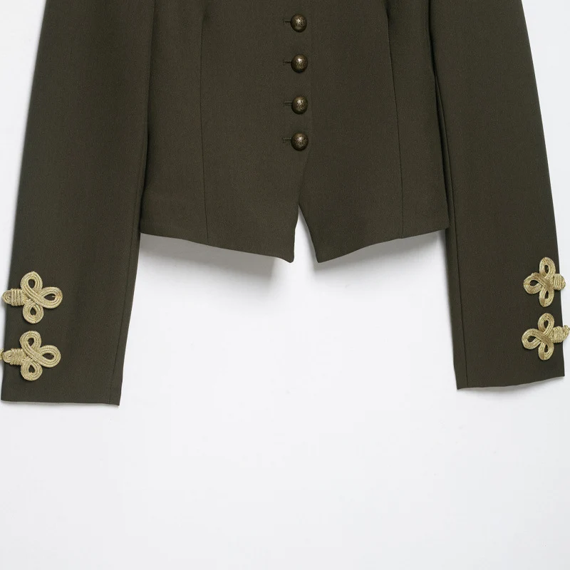 Damen Kurz geschnittene Militärjacke mit Schulterkordeln und Zierknöpfen Drune