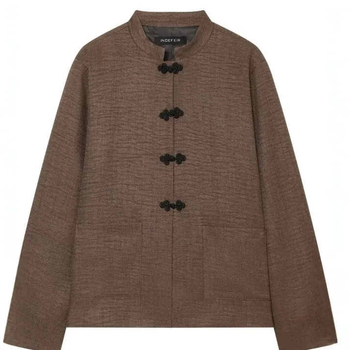 Damen Kurz geschnittene Leinenjacke mit Stehkragen und Froschverschlüssen Drune