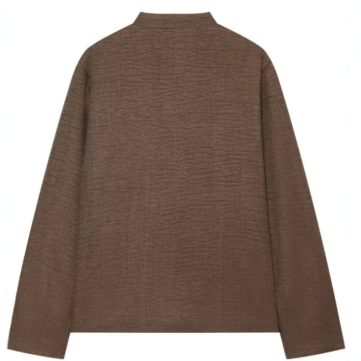 Damen Kurz geschnittene Leinenjacke mit Stehkragen und Froschverschlüssen Drune