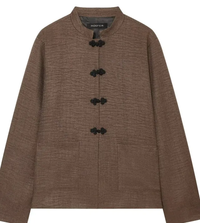 Damen Kurz geschnittene Leinenjacke mit Stehkragen und Froschverschlüssen Drune