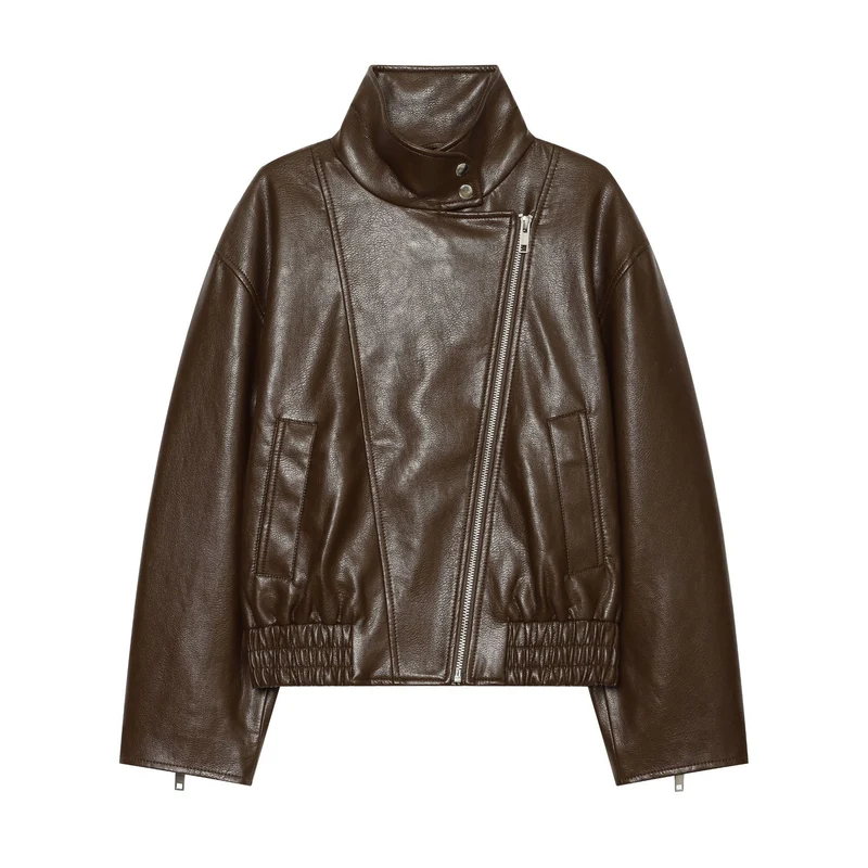 Damen Kurz geschnittene Lederoptik‑Blousonjacke mit Funnelkragen, asymmetrischem Reißverschluss und smocked Bund Drune