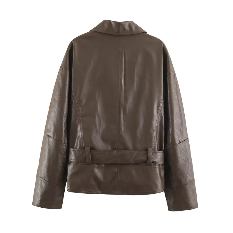 Damen Kurz geschnittene Lederimitat-Jacke mit Taillengürtel und asymmetrischer Knopfleiste Drune