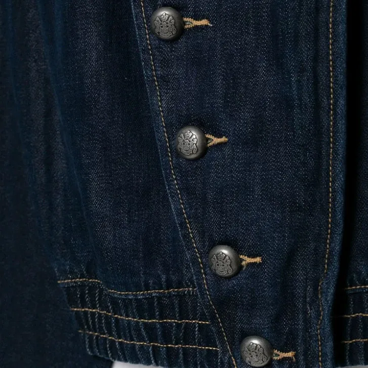 Damen Kurz geschnittene Jeansjacke mit Mandarinkragen, Zierknopfreihe und Schulterpatten Drune