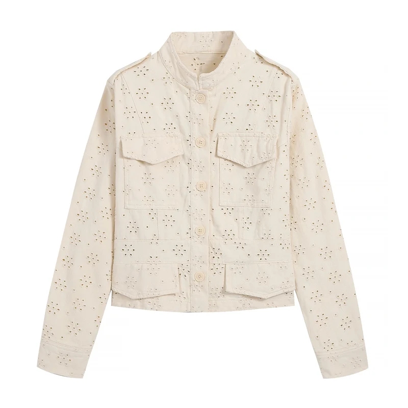 Damen Kurz geschnittene Broderie-Anglaise Feldjacke mit Pattentaschen Drune