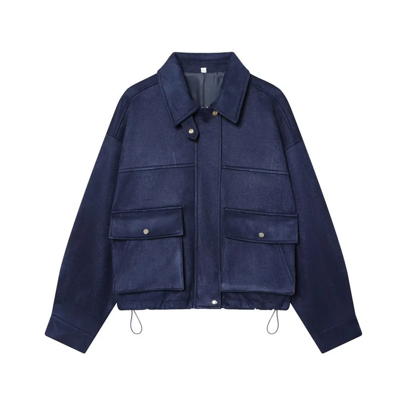 Damen Kurz geschnittene Boxy‑Veloursblousonjacke mit Pattentaschen und verdeckter Druckknopfleiste Drune