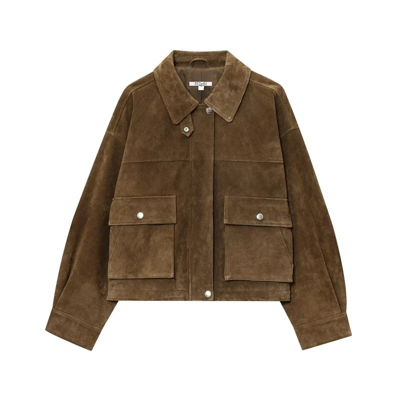 Damen Kurz geschnittene Boxy‑Veloursblousonjacke mit Pattentaschen und verdeckter Druckknopfleiste Drune