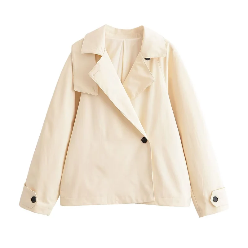 Damen Kurz geschnittene Boxy‑Trenchjacke mit asymmetrischer Knopfleiste und weiten Revers Drune