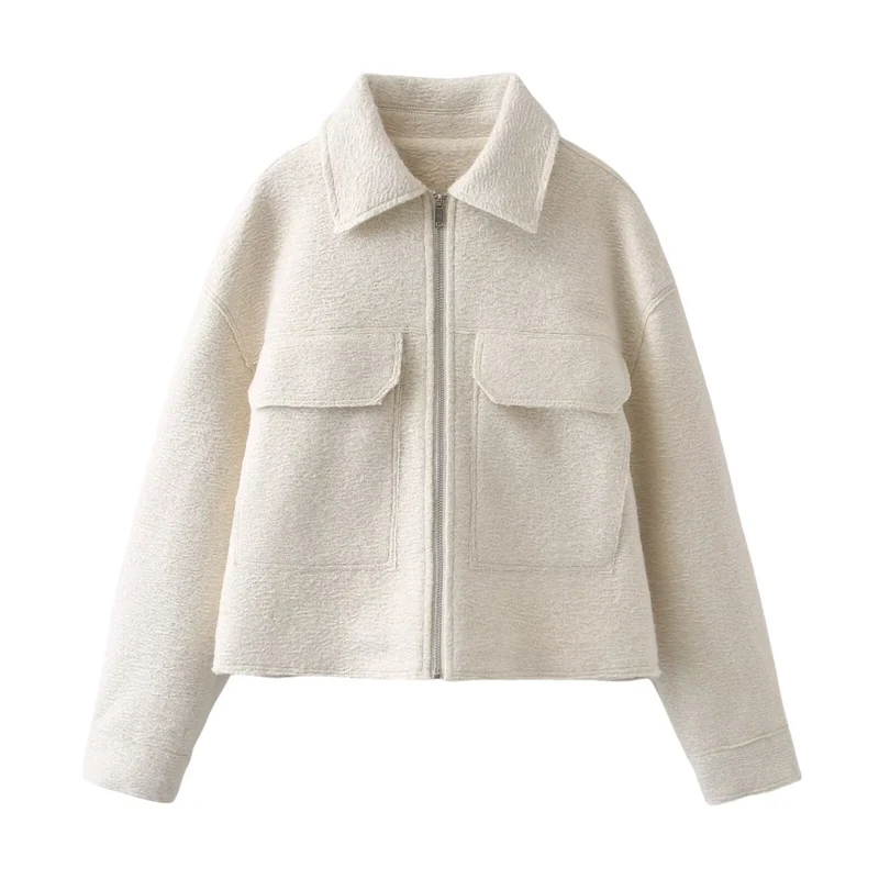 Damen Kurz geschnittene Bouclé‑Jacke mit durchgehendem Reißverschluss und Pattentaschen Drune