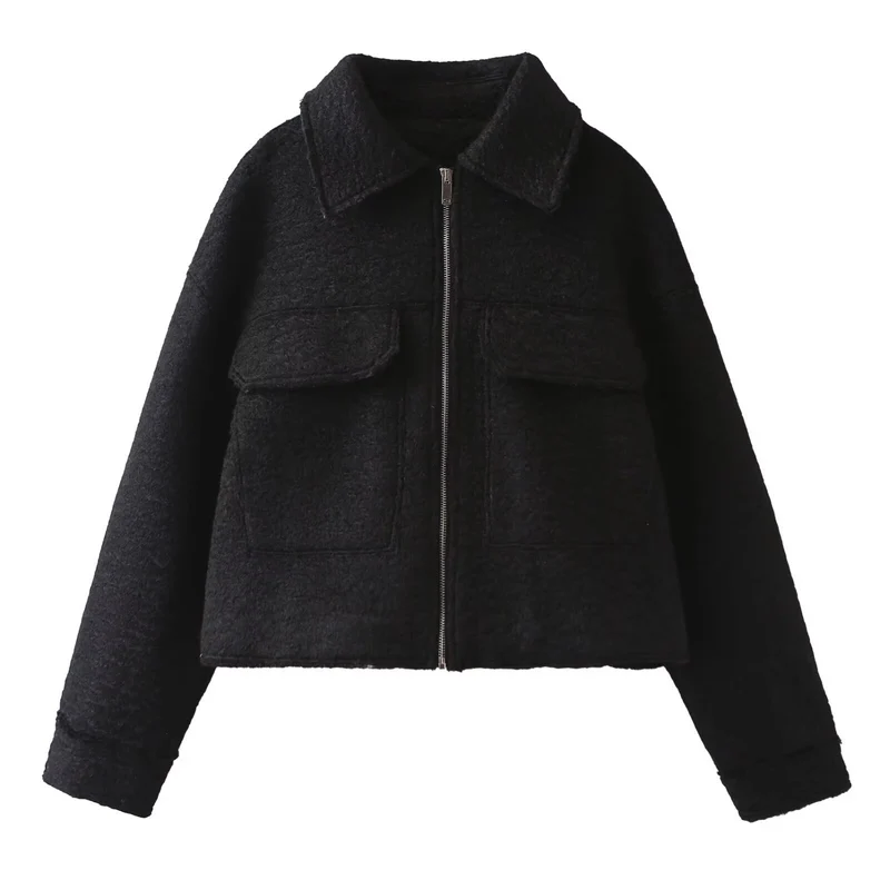 Damen Kurz geschnittene Bouclé‑Jacke mit durchgehendem Reißverschluss und Pattentaschen Drune