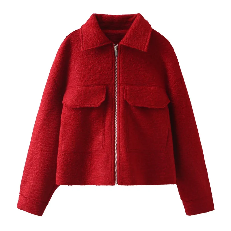 Damen Kurz geschnittene Bouclé‑Jacke mit durchgehendem Reißverschluss und Pattentaschen Drune