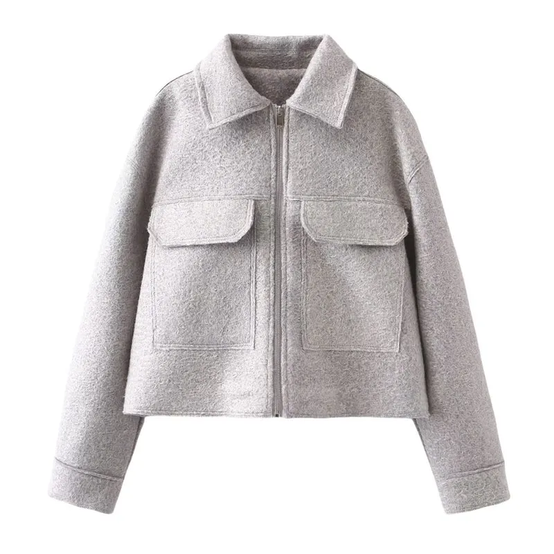 Damen Kurz geschnittene Bouclé‑Jacke mit durchgehendem Reißverschluss und Pattentaschen Drune