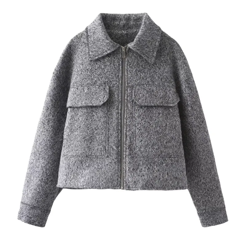 Damen Kurz geschnittene Bouclé‑Jacke mit durchgehendem Reißverschluss und Pattentaschen Drune
