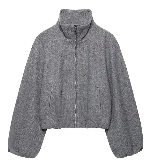 Damen Kurz geschnittene Bouclé‑Blousonjacke mit Stehkragen, elastischem Saum und Ballonärmeln Drune