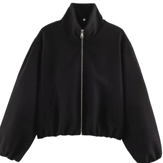 Damen Kurz geschnittene Bouclé‑Blousonjacke mit Stehkragen, elastischem Saum und Ballonärmeln Drune