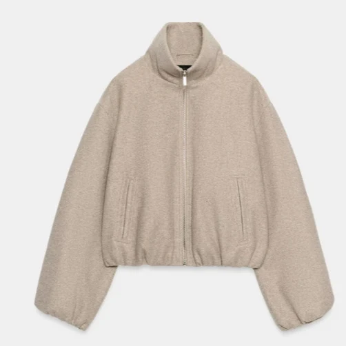 Damen Kurz geschnittene Bouclé‑Blousonjacke mit Stehkragen, elastischem Saum und Ballonärmeln Drune