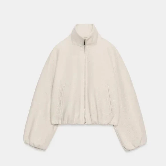 Damen Kurz geschnittene Bouclé‑Blousonjacke mit Stehkragen, elastischem Saum und Ballonärmeln Drune