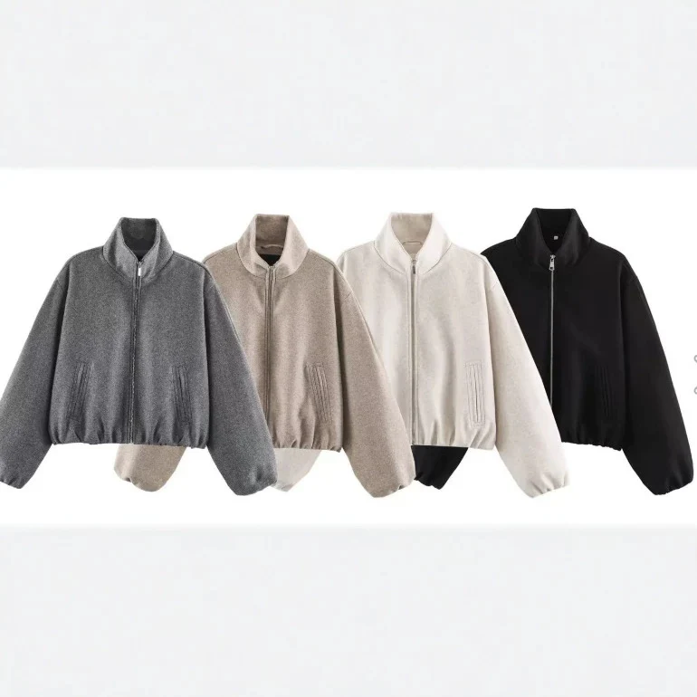Damen Kurz geschnittene Bouclé‑Blousonjacke mit Stehkragen, elastischem Saum und Ballonärmeln Drune
