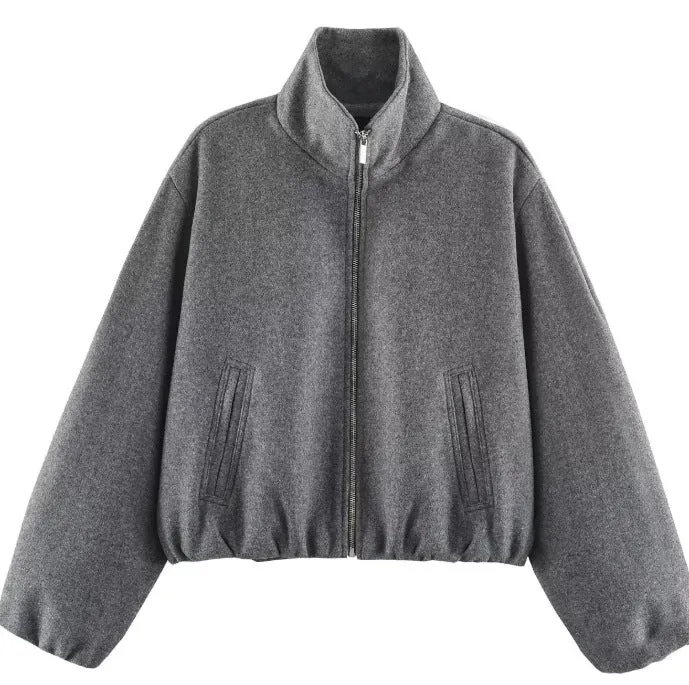 Damen Kurz geschnittene Bouclé‑Blousonjacke mit Stehkragen, elastischem Saum und Ballonärmeln Drune