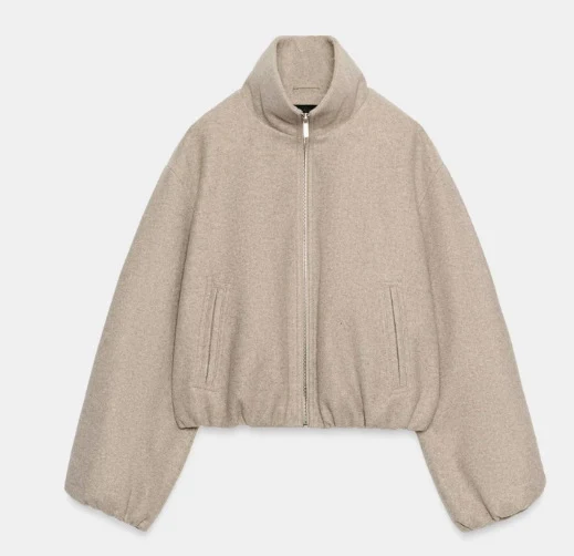Damen Kurz geschnittene Bouclé‑Blousonjacke mit Stehkragen, elastischem Saum und Ballonärmeln Drune