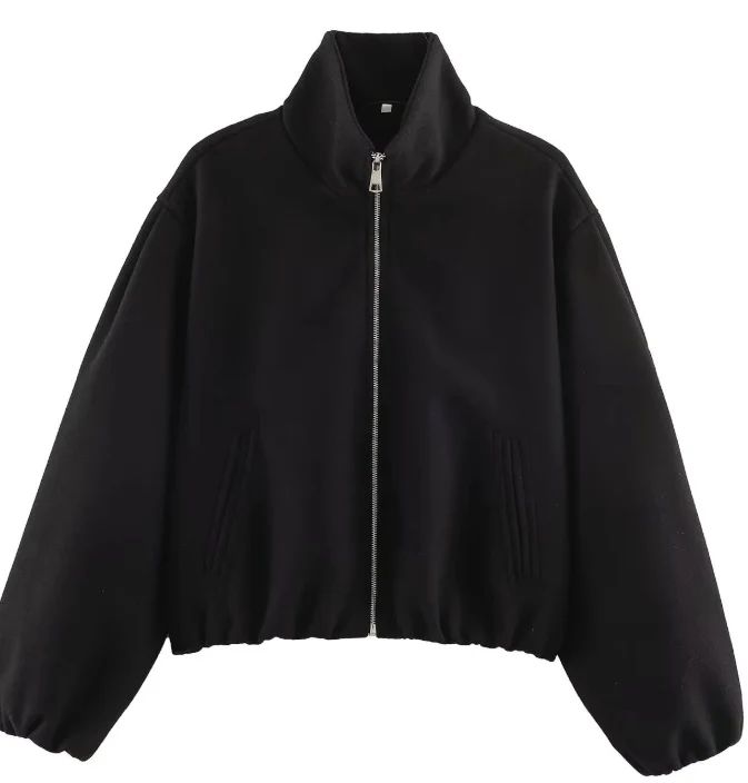 Damen Kurz geschnittene Bouclé‑Blousonjacke mit Stehkragen, elastischem Saum und Ballonärmeln Drune