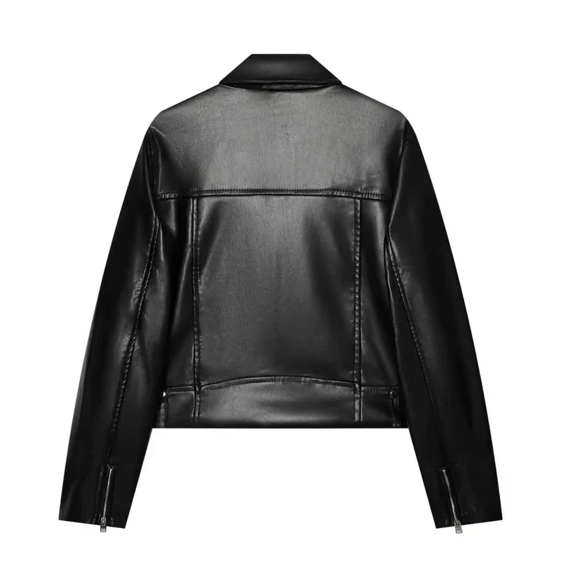 Damen Kurz geschnittene Bikerjacke aus Kunstleder mit asymmetrischem Reißverschluss und Schulterklappen Drune