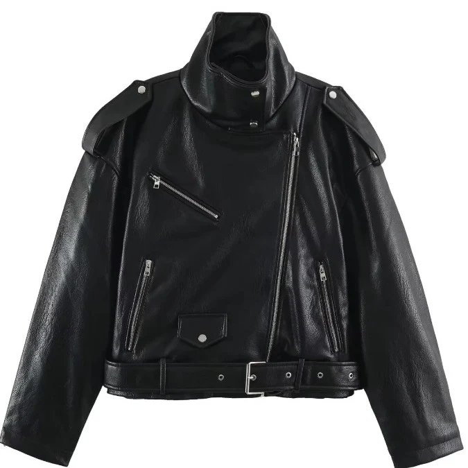 Damen Kurz geschnittene Bikerjacke aus Kunstleder mit asymmetrischem Reißverschluss, Stehkragen und Schulterklappen Drune