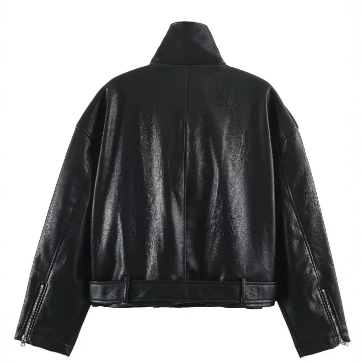 Damen Kurz geschnittene Bikerjacke aus Kunstleder mit asymmetrischem Reißverschluss, Stehkragen und Schulterklappen Drune