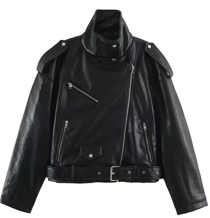 Damen Kurz geschnittene Bikerjacke aus Kunstleder mit asymmetrischem Reißverschluss, Stehkragen und Schulterklappen Drune