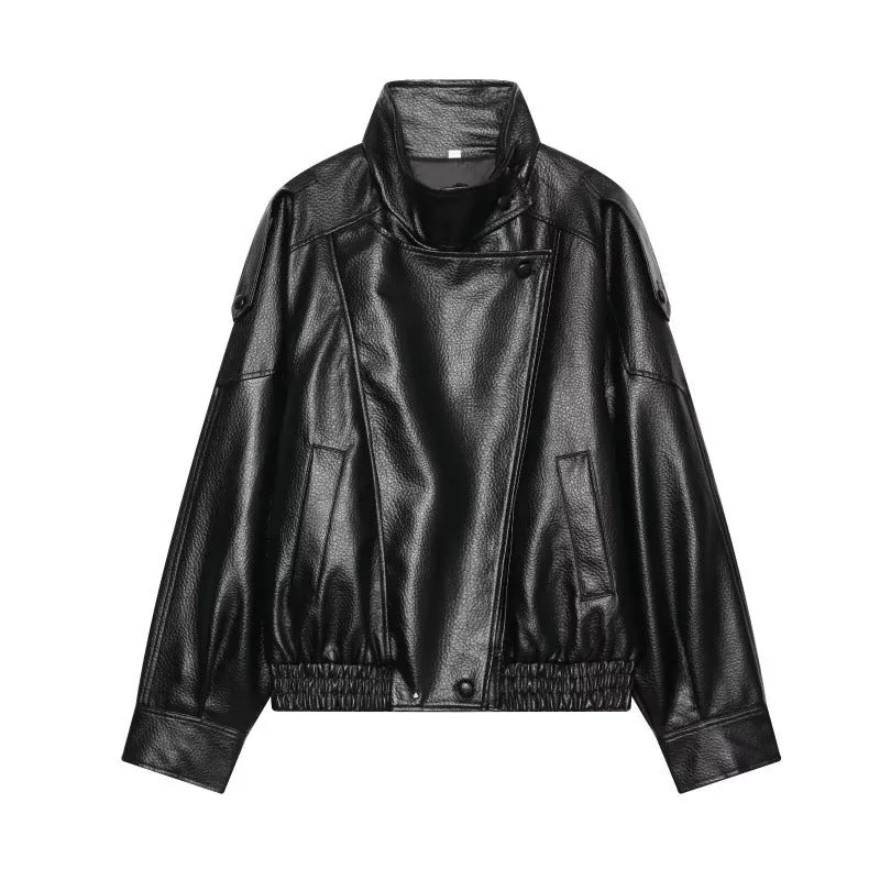 Damen Kunstleder-Bomberjacke mit hohem Stehkragen, asymmetrischem Verschluss und elastischem Saum Drune