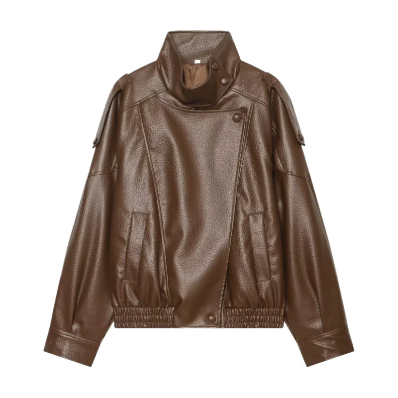 Damen Kunstleder-Bomberjacke mit hohem Stehkragen, asymmetrischem Verschluss und elastischem Saum Drune