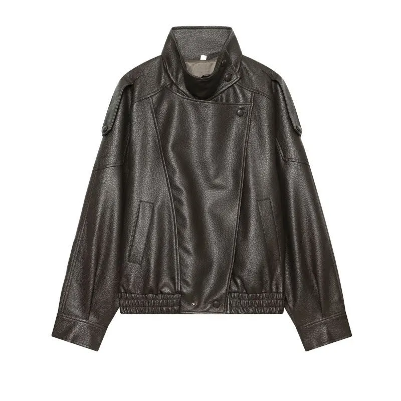 Damen Kunstleder-Bomberjacke mit hohem Stehkragen, asymmetrischem Verschluss und elastischem Saum Drune