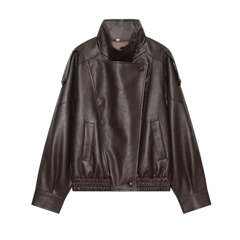 Damen Kunstleder-Bomberjacke mit hohem Stehkragen, asymmetrischem Verschluss und elastischem Saum Drune