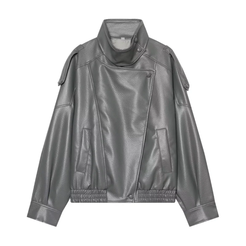 Damen Kunstleder-Bomberjacke mit hohem Stehkragen, asymmetrischem Verschluss und elastischem Saum Drune