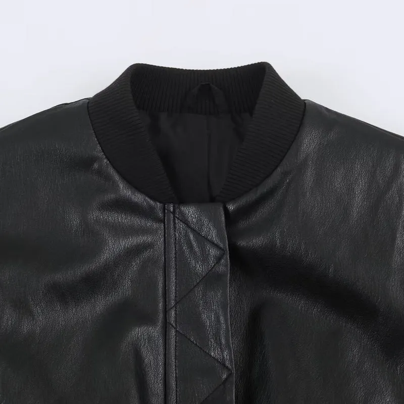 Damen Kunstleder-Bomberjacke im Cropped-Design mit Rippbündchen Drune
