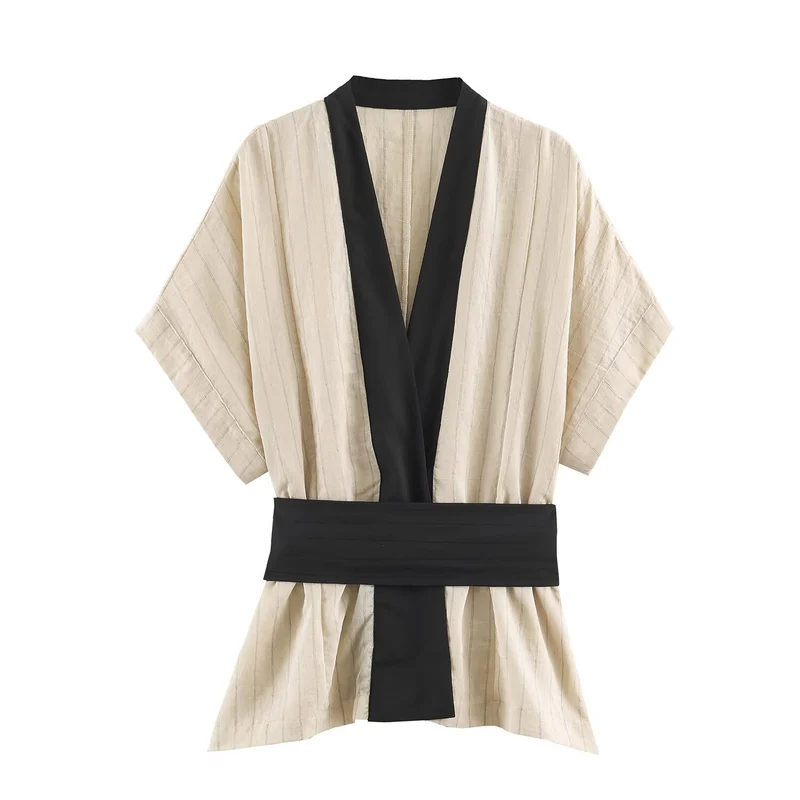 Damen Kimono-Wrap-Bluse mit Kontrastbesatz und Taillengürtel Drune