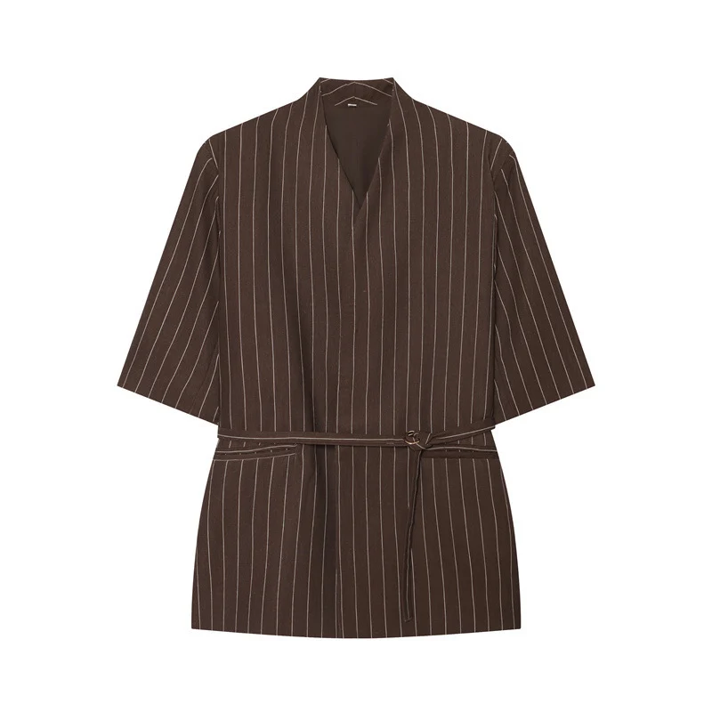 Damen Kimono-Top mit V-Ausschnitt, tailliertem Bindegürtel und halblangen Ärmeln Drune