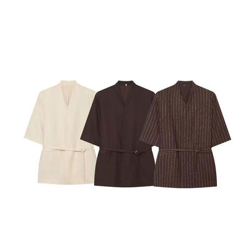 Damen Kimono-Top mit V-Ausschnitt, tailliertem Bindegürtel und halblangen Ärmeln Drune