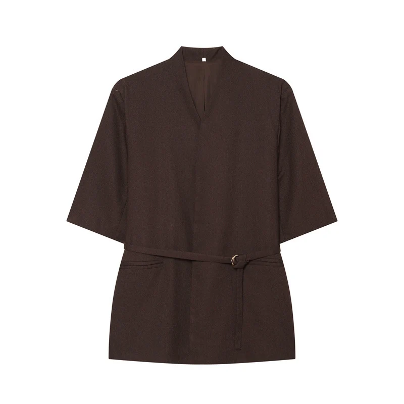 Damen Kimono-Top mit V-Ausschnitt, tailliertem Bindegürtel und halblangen Ärmeln Drune