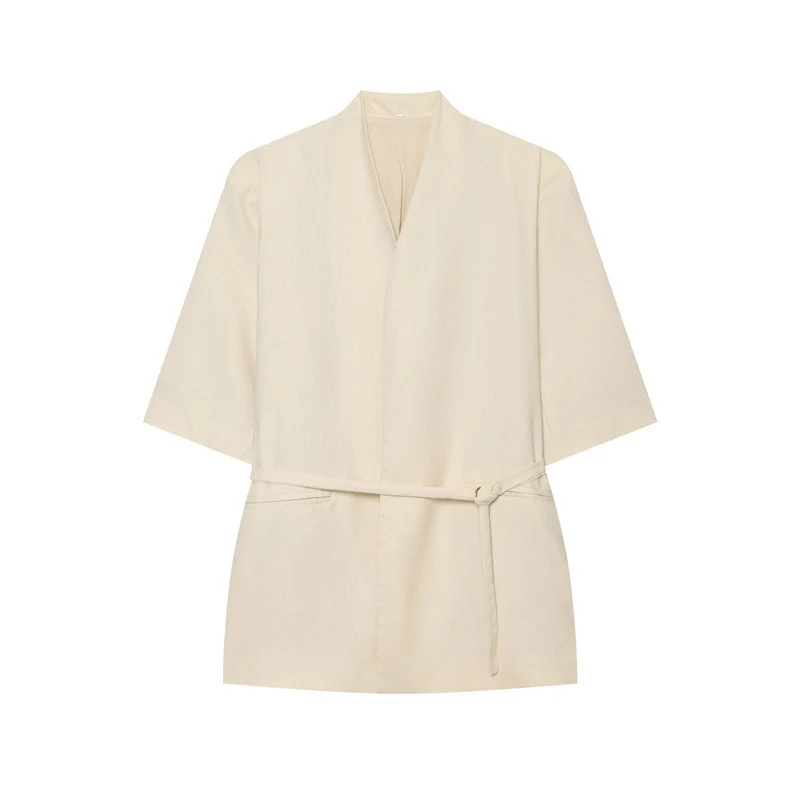 Damen Kimono-Top mit V-Ausschnitt, tailliertem Bindegürtel und halblangen Ärmeln Drune