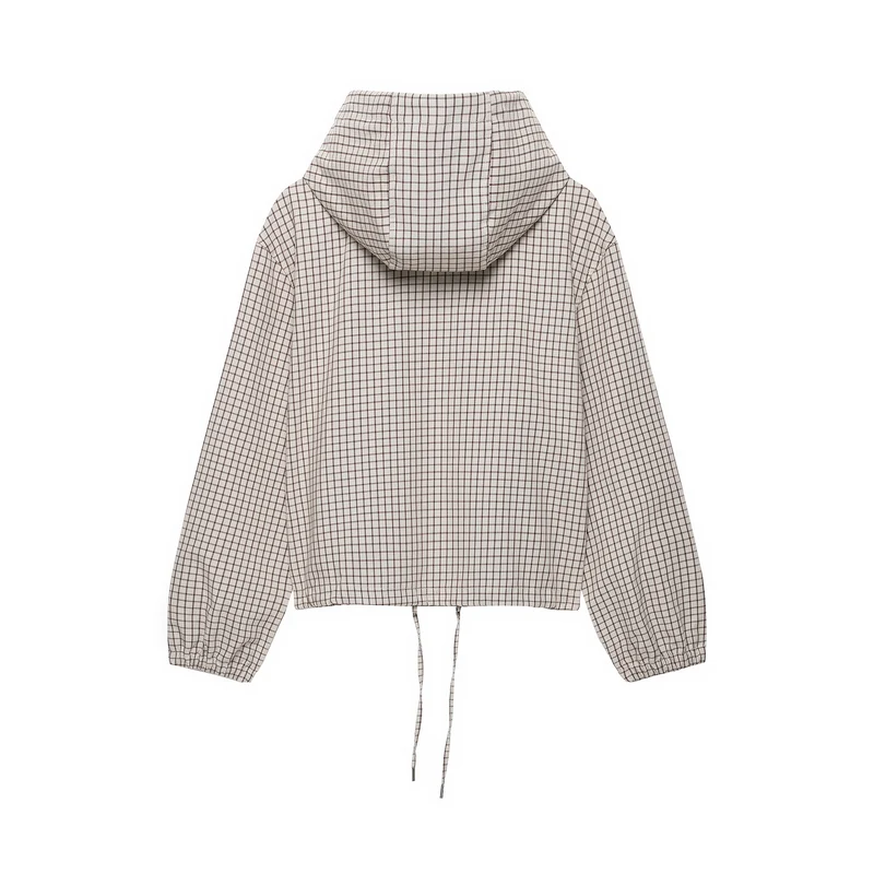 Damen Kariertes Cropped-Blouson mit Kapuze, Tunnelzug und Reißverschluss Drune
