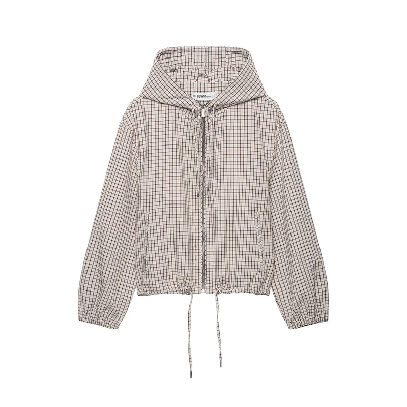 Damen Kariertes Cropped-Blouson mit Kapuze, Tunnelzug und Reißverschluss Drune