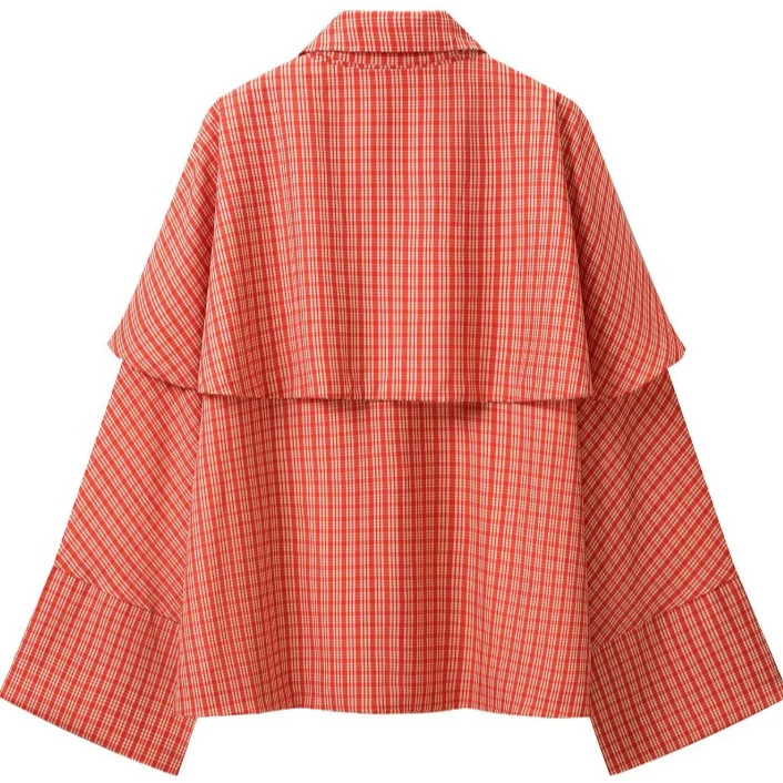 Damen Karierte Kurzjacke mit Cape‑Overlay, Schleifenbindung und extraweiten Ärmeln Drune