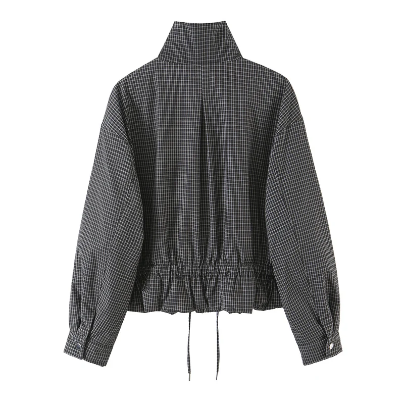 Damen karierte, funktionale Übergangsjacke mit Stehkragen und Tunnelzug Drune