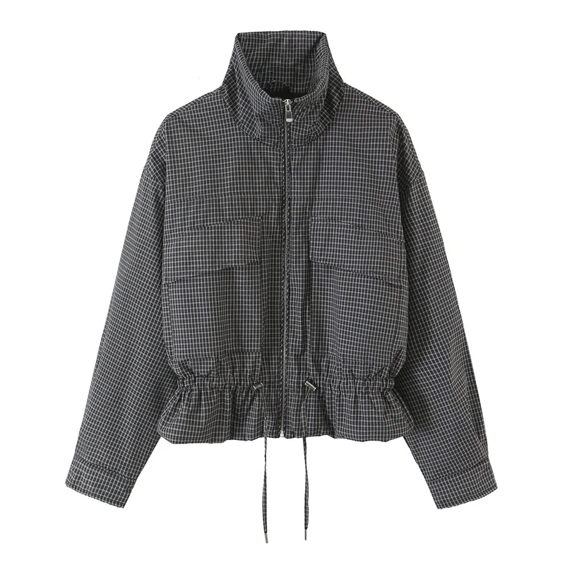 Damen karierte, funktionale Übergangsjacke mit Stehkragen und Tunnelzug Drune