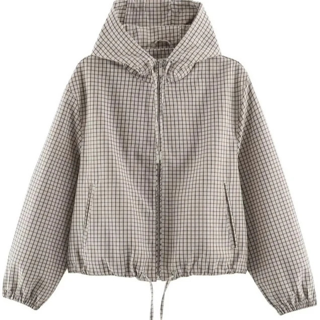 Damen Karierte Cropped Kapuzenjacke mit Tunnelzugsaum und Zwei‑Wege‑Reißverschluss Drune