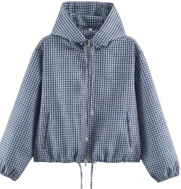 Damen Karierte Cropped Kapuzenjacke mit Tunnelzugsaum und Zwei‑Wege‑Reißverschluss Drune