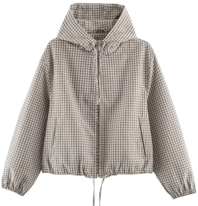Damen Karierte Cropped Kapuzenjacke mit Tunnelzugsaum und Zwei‑Wege‑Reißverschluss Drune