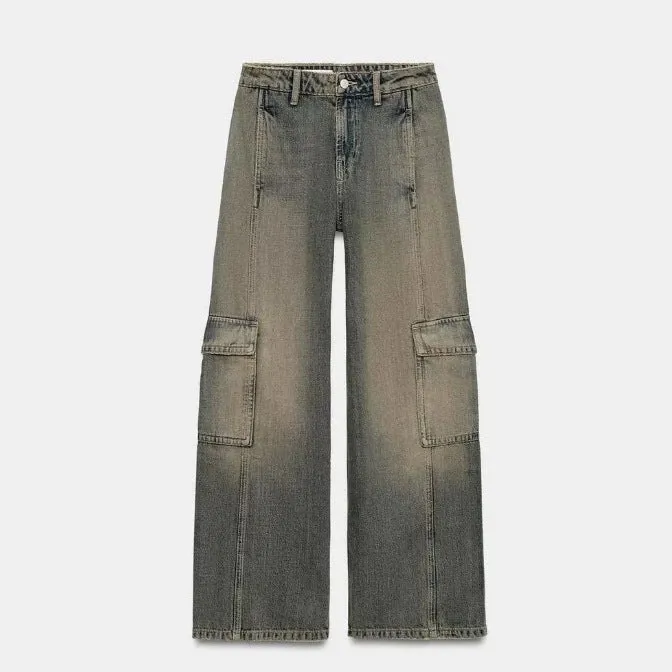 Damen Jeans‑Cargo‑Hose mit weitem Bein, Ziernähten und aufgesetzten Klappentaschen Drune