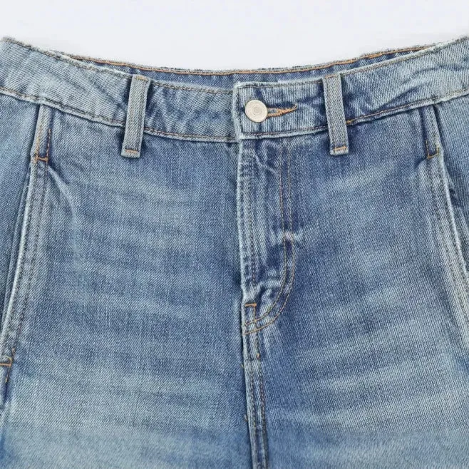 Damen Jeans‑Cargo‑Hose mit weitem Bein, Ziernähten und aufgesetzten Klappentaschen Drune