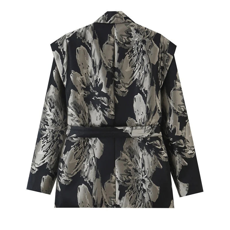 Damen Jacquard‑Blazer mit floralem Jacquardmuster, breitem Revers und Bindegürtel Drune